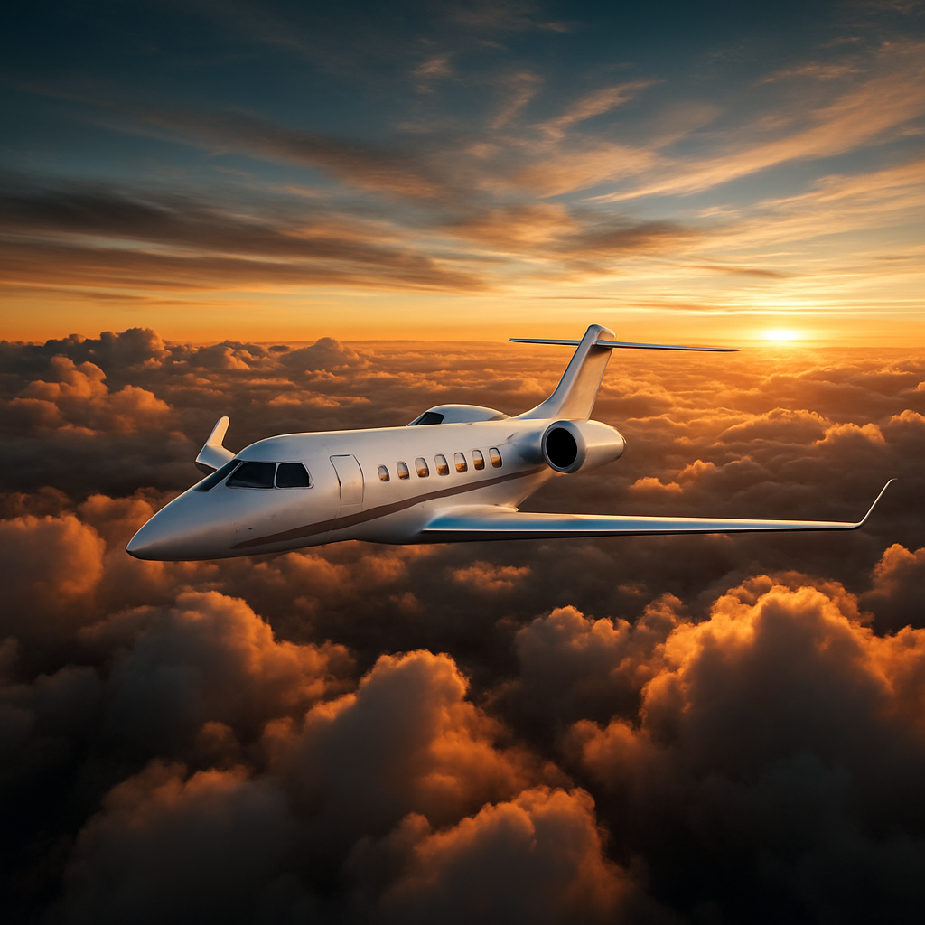 Jet privado en crucero sobre nubes al atardecer