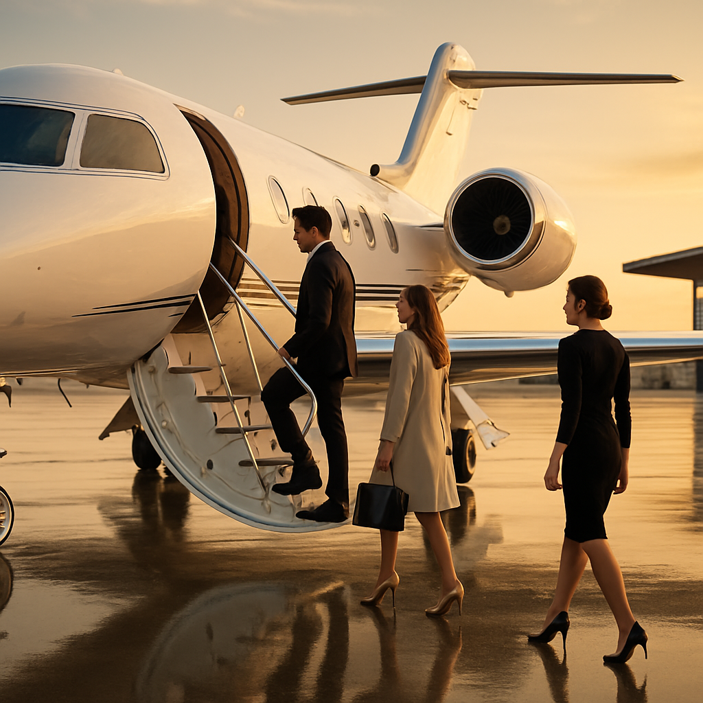 Pasajeros abordando jet privado en terminal ejecutiva