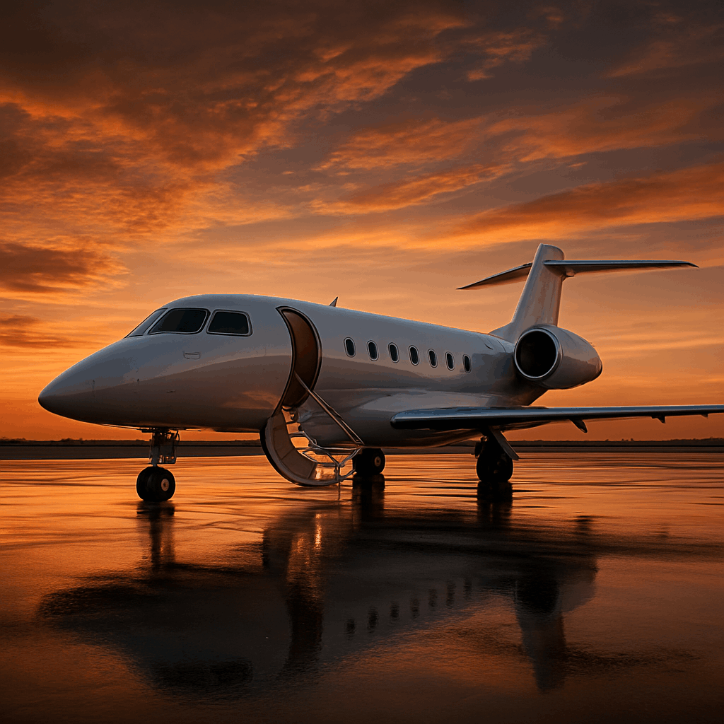 Jet privado de lujo en la pista al atardecer listo para partir
