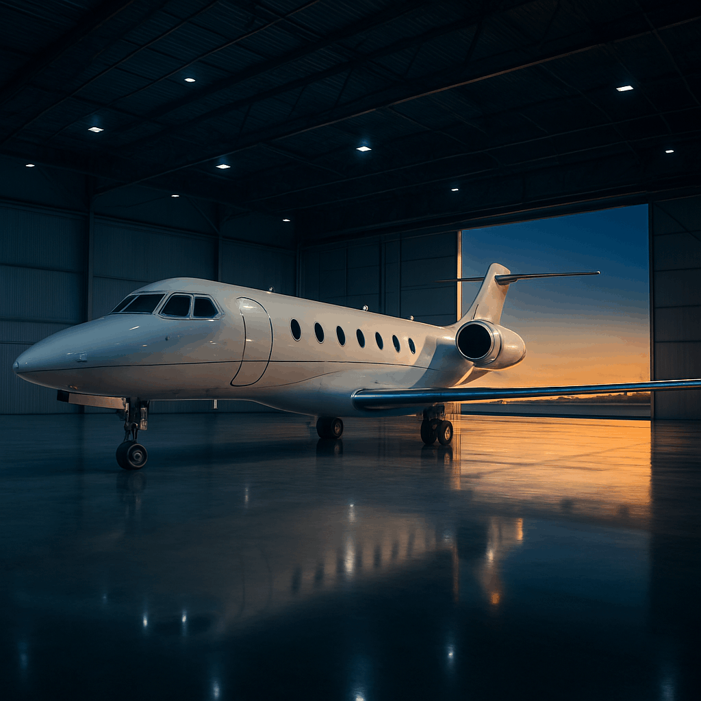 Jet privado en hangar moderno durante mantenimiento especializado