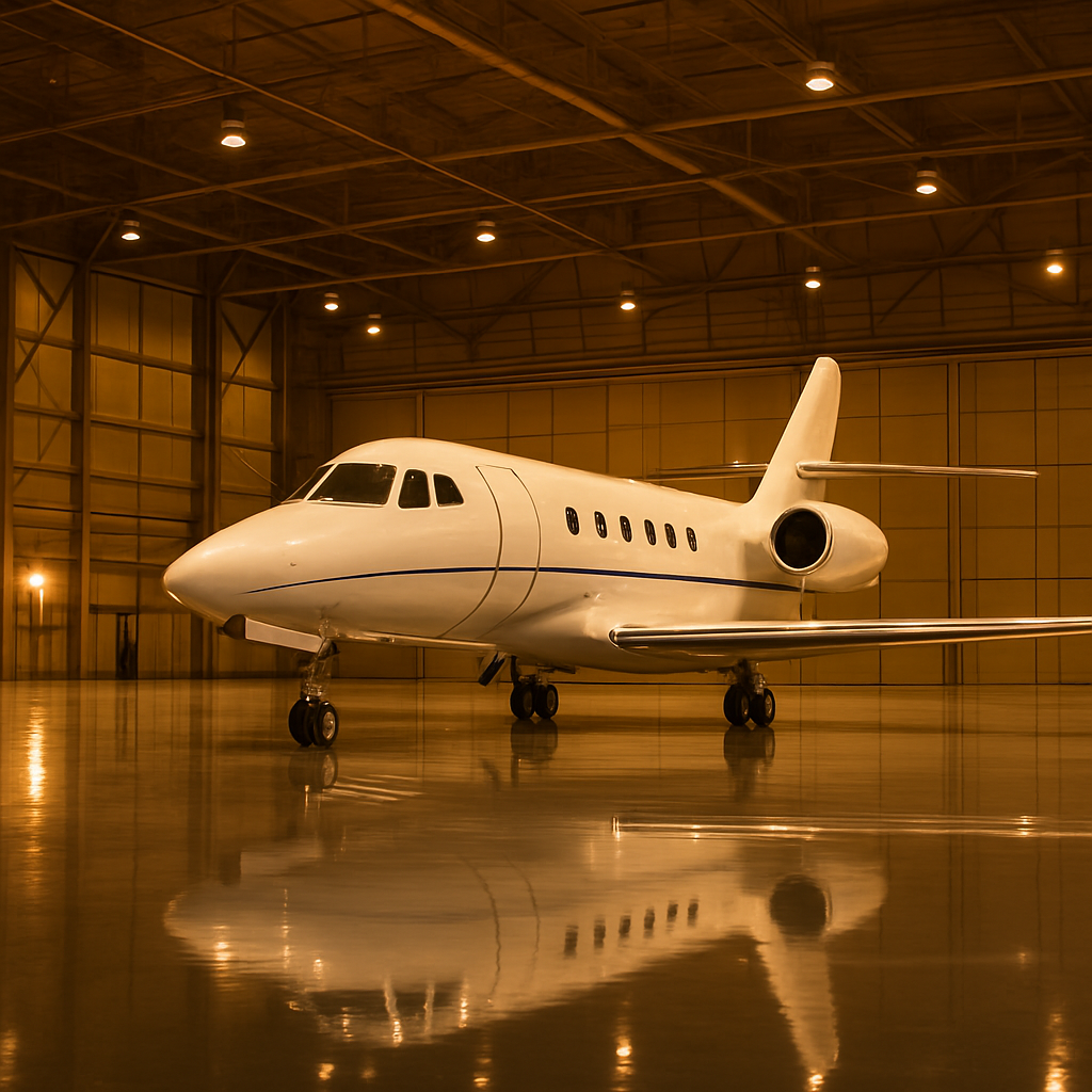 Aeronave ejecutiva preparada en hangar